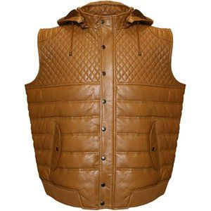 SOLD - Franchise Club Big Tall Mens Geo Quilted Hooded Lambskin Leather Vest 4XL